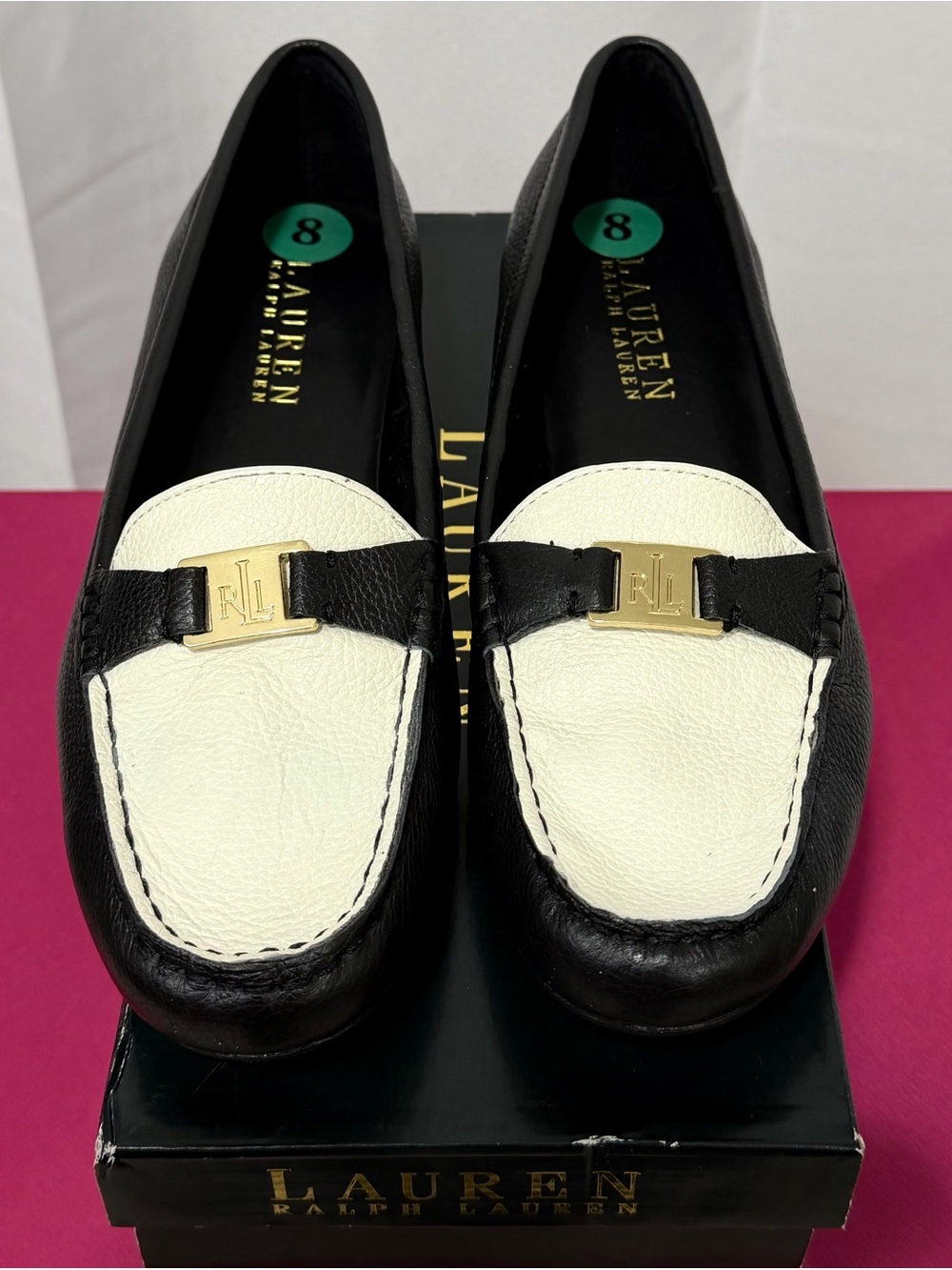 Lauren Ralph Lauren Black & Cream Pebbled Leather Loafers Size 8B NIB